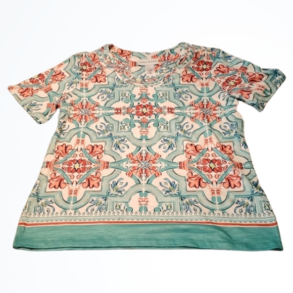 Alfred Dunner Relaxed Fit Coastal Drive Medallion Top Size S Pastel Greens NWT - Picture 1 of 5